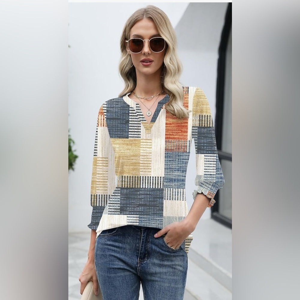 New-large 3/4 Length Sleeve Business Casual bohemian Blouse Summer Shirt